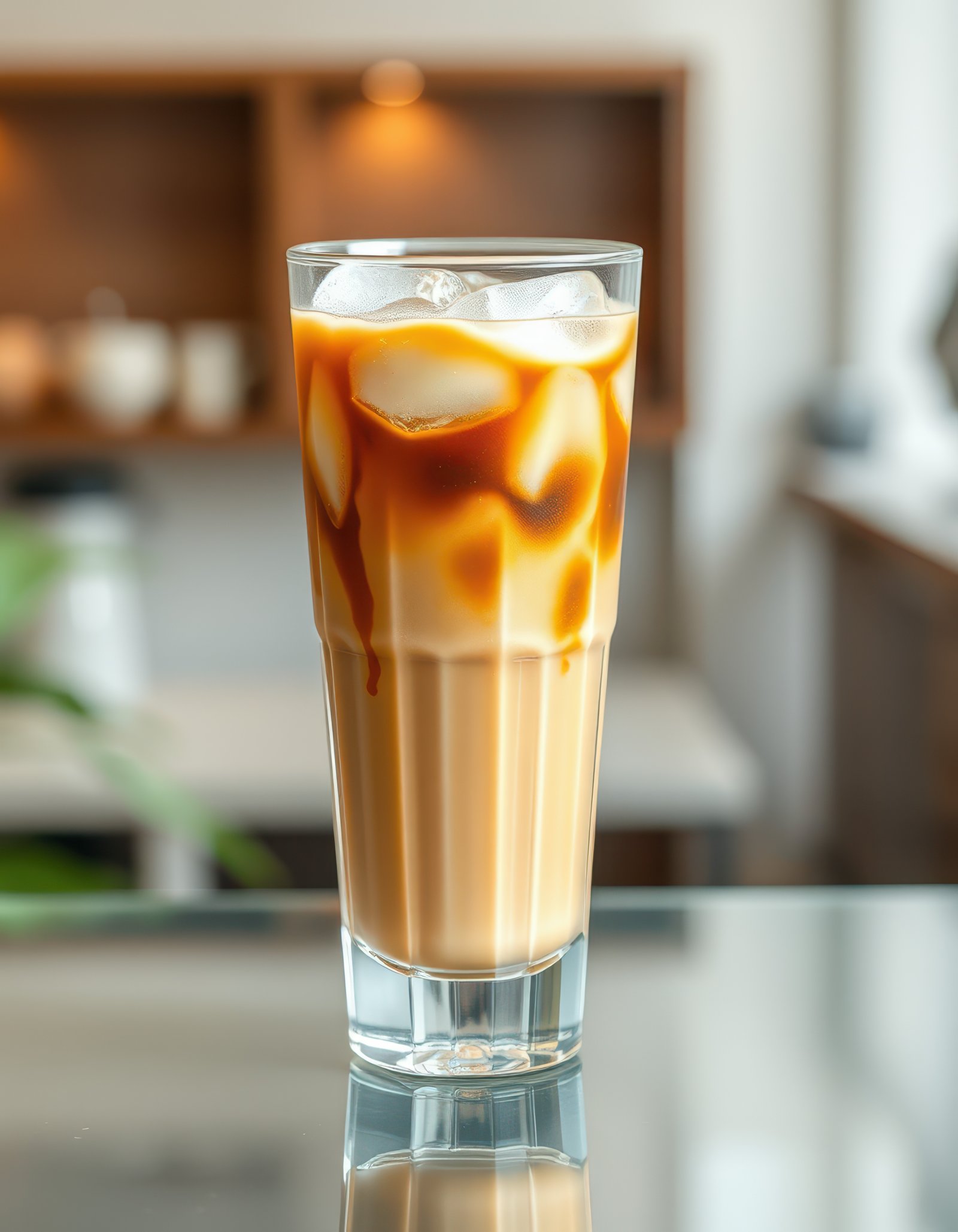 Iced coffee drink with cream swirls served in a tall glass on a bar counter